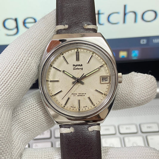 Vintage HMT Tareeq Hand Winding 17 Jewels White Face Black Band Men's Wrist Watch B17