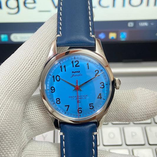 Vintage HMT Janata Hand Winding 17 Jewels Blue Face Blue Band Men's Wrist Watch B24