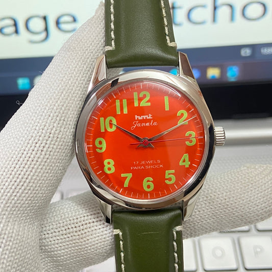 Vintage HMT Janata Hand Winding 17 Jewels Orange Face Green Band Men's Wrist Watch B26