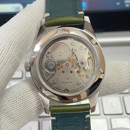 Vintage HMT Janata Hand Winding 17 Jewels Orange Face Green Band Men's Wrist Watch B26