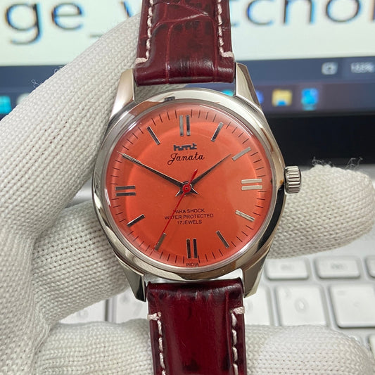 Vintage HMT Janata Hand Winding 17 Jewels Orange Face Red Band Men's Wrist Watch B27