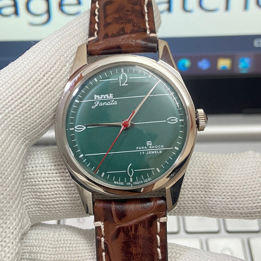 Vintage HMT Janata Hand Winding 17 Jewels Green Face Brown Band Men's Wrist Watch B29