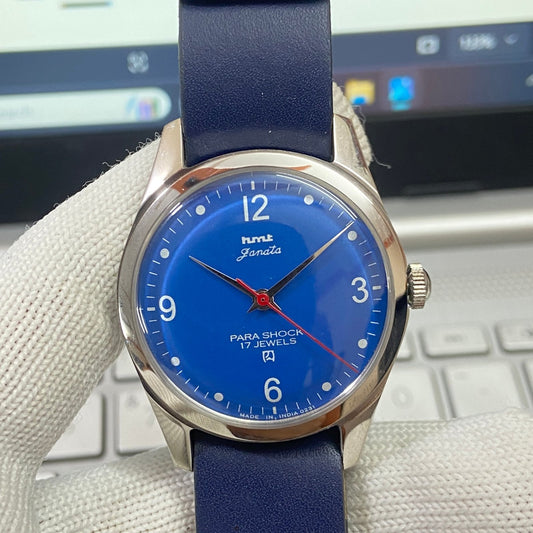 Vintage HMT Janata Hand Winding 17 Jewels Blue Face Blue Nato Band Men's Wrist Watch B30