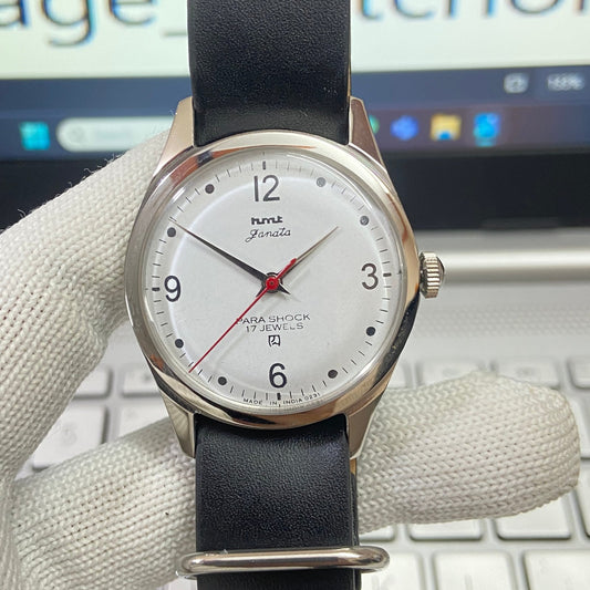 Vintage HMT Janata Hand Winding 17 Jewels White Face Black Nato Band Men's Wrist Watch B31