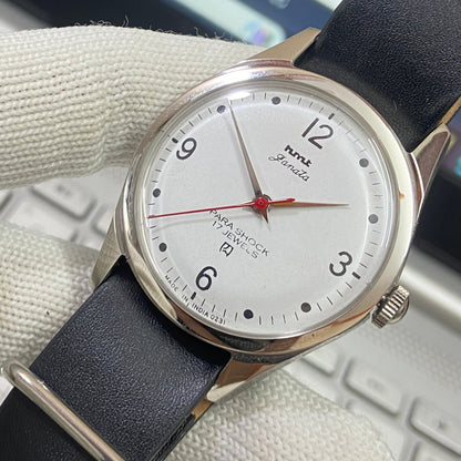 Vintage HMT Janata Hand Winding 17 Jewels White Face Black Nato Band Men's Wrist Watch B31