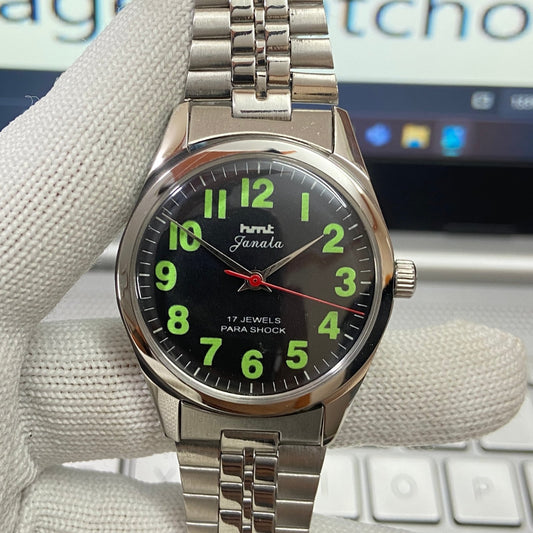 Vintage HMT Janata Hand Winding 17 Jewels Black Face Men's Wrist Watch B32