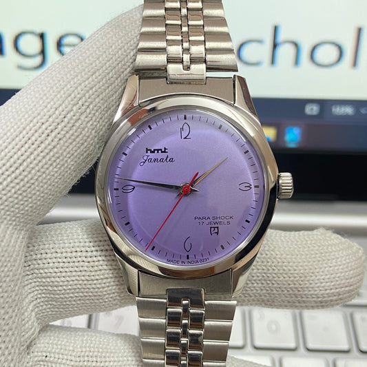 Vintage HMT Janata Hand Winding 17 Jewels Purple Face Men's Wrist Watch B33