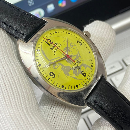 Vintage HMT Janata Gandhi Hand Winding 17 Jewels Yellow  Face Black Band Men's Wrist Watch B35