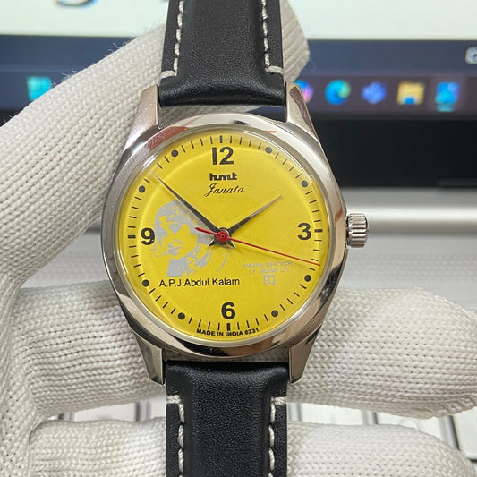 Vintage HMT Janata Kalam Hand Winding 17 Jewels Yellow  Face Black Band Men's Wrist Watch B36