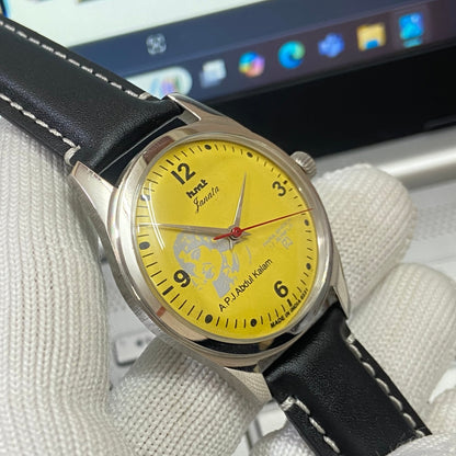Vintage HMT Janata Kalam Hand Winding 17 Jewels Yellow  Face Black Band Men's Wrist Watch B36