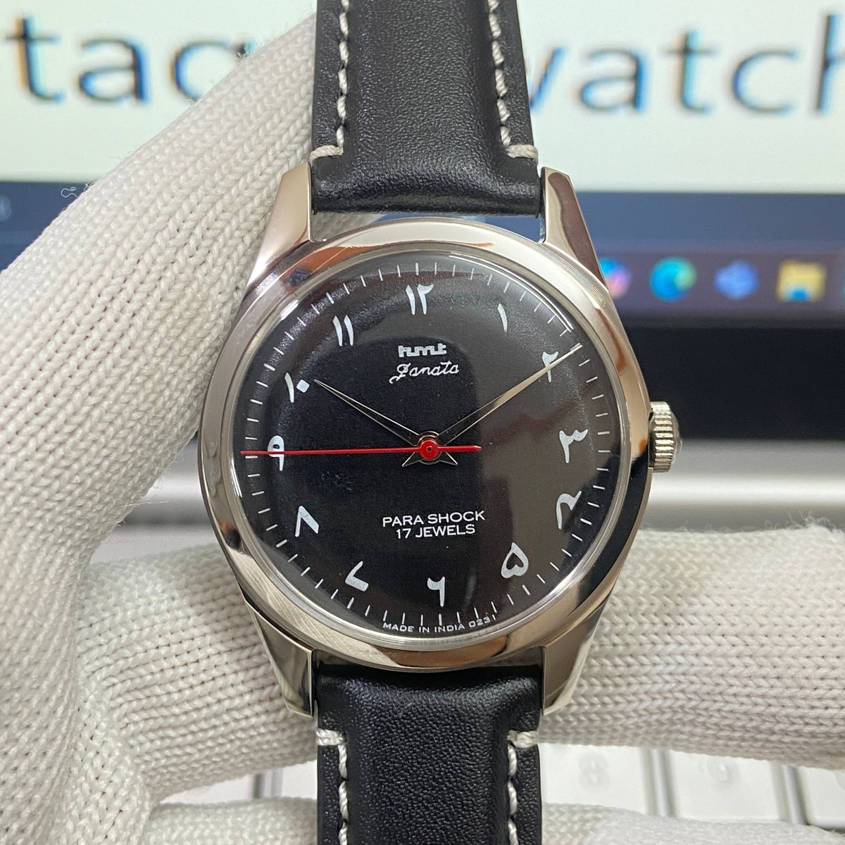Vintage MOD HMT Janata  Urdu Hand Winding 17 Jewels Black Face Black Band Men's Wrist Watch B37