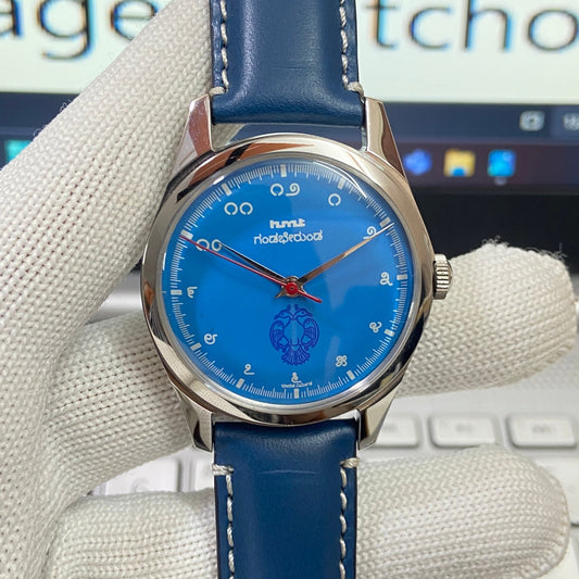 Vintage HMT Gandaberunda Hand Winding 17 Jewels Blue Face Blue Band Men's Wrist Watch B38