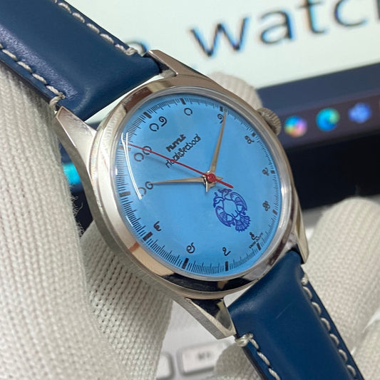 Vintage HMT Gandaberunda Hand Winding 17 Jewels Blue Face Blue Band Men's Wrist Watch B39