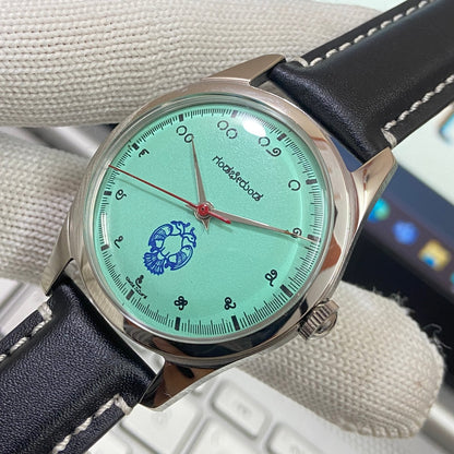 Vintage HMT Gandaberunda Hand Winding 17 Jewels Tiffany Blue Face Black Band Men's Wrist Watch B41