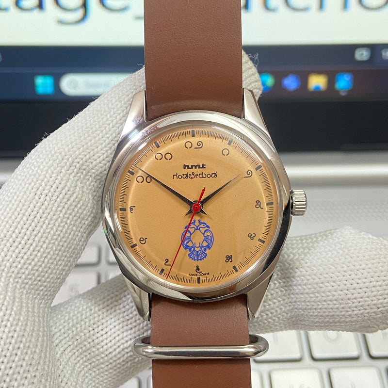 Vintage MOD HMT Gandaberunda Hand Winding 17 Jewels Orange Face Brown Nato Band Men's Wrist Watch B44