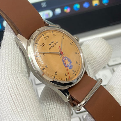 Vintage HMT Gandaberunda Hand Winding 17 Jewels Orange Face Brown Nato Band Men's Wrist Watch B44