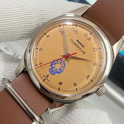 Vintage HMT Gandaberunda Hand Winding 17 Jewels Orange Face Brown Nato Band Men's Wrist Watch B44