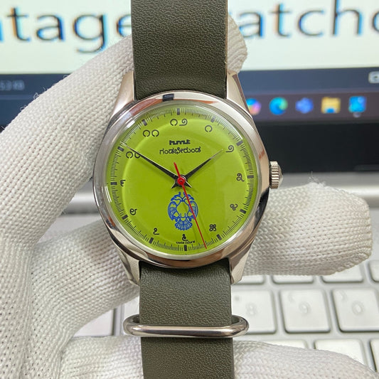 Vintage HMT Gandaberunda Hand Winding 17 Jewels Green Face Green Nato Band Men's Wrist Watch B45