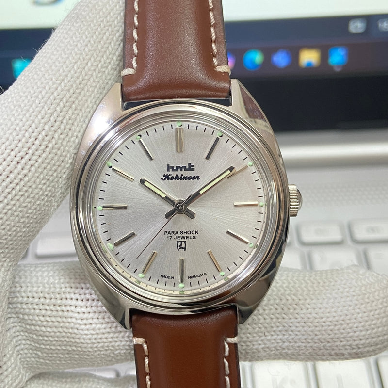 Vintage MOD HMT Kohinoor Hand Winding 17 Jewels Silver Face Brown Band Men's Wrist Watch B47