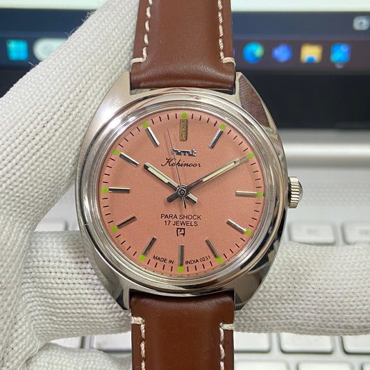 Vintage HMT Kohinoor Hand Winding 17 Jewels Peach Face Brown Band Men's Wrist Watch B48