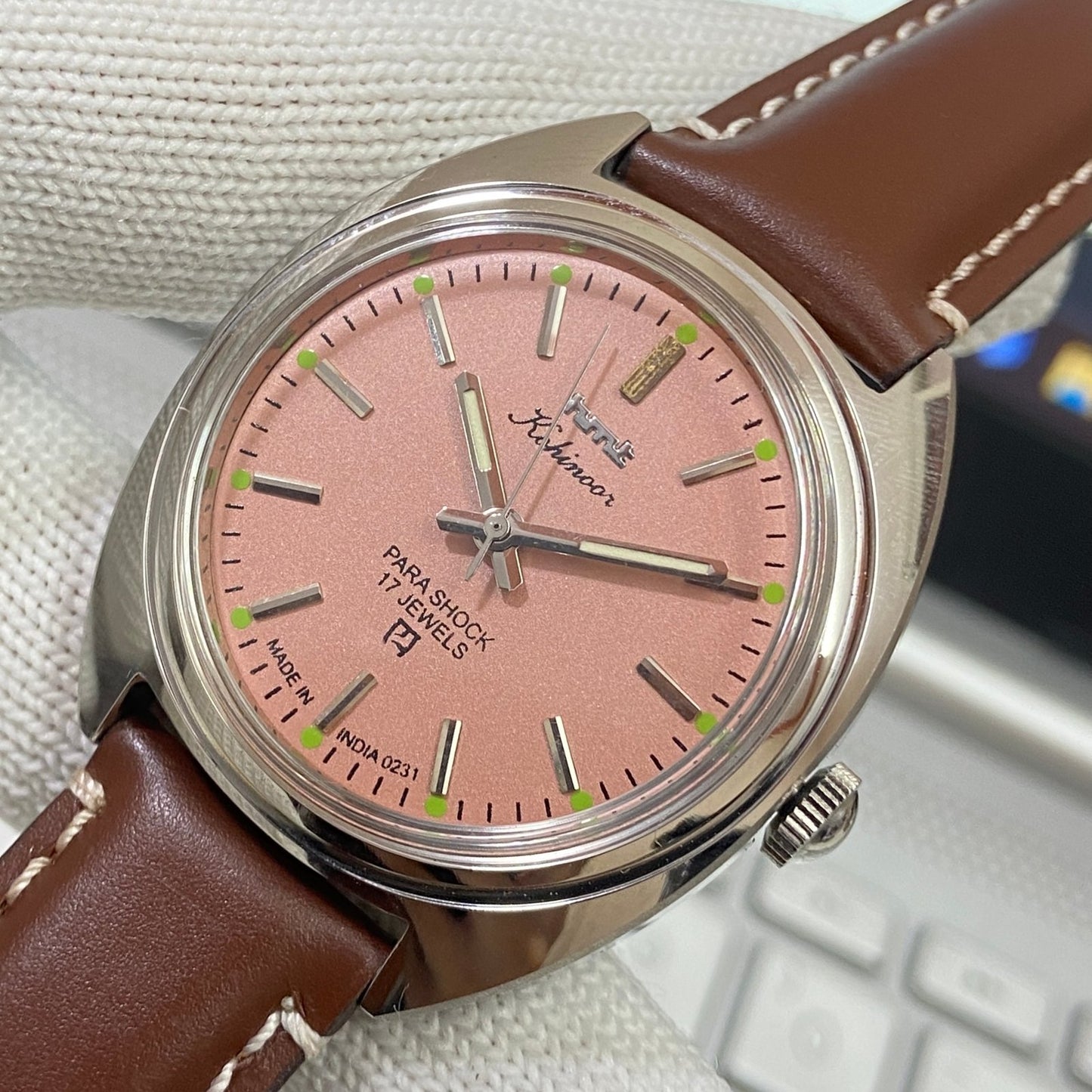 Vintage HMT Kohinoor Hand Winding 17 Jewels Peach Face Brown Band Men's Wrist Watch B48