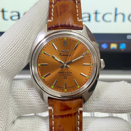 Vintage HMT Kohinoor Hand Winding 17 Jewels Orange Face Brown Band Men's Wrist Watch B49