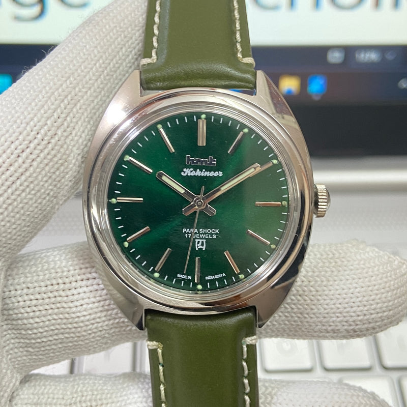Vintage MOD HMT Kohinoor Hand Winding 17 Jewels Green Face Green Band Men's Wrist Watch B50