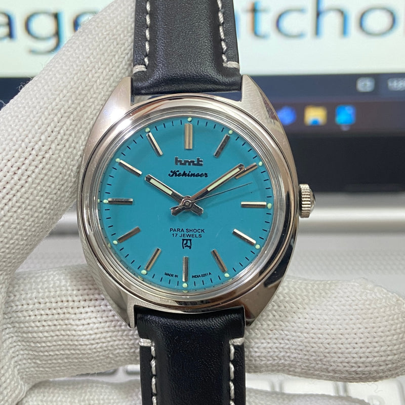 Vintage MOD HMT Kohinoor Hand Winding 17 Jewels Blue Face Black Band Men's Wrist Watch B52