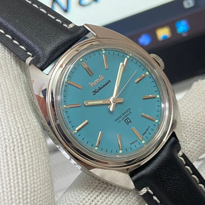 Vintage HMT Kohinoor Hand Winding 17 Jewels Blue Face Black Band Men's Wrist Watch B52
