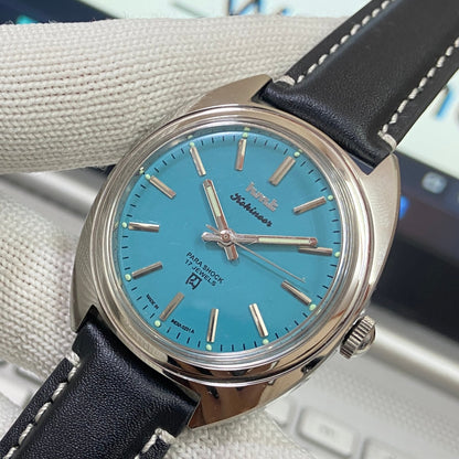 Vintage HMT Kohinoor Hand Winding 17 Jewels Blue Face Black Band Men's Wrist Watch B52
