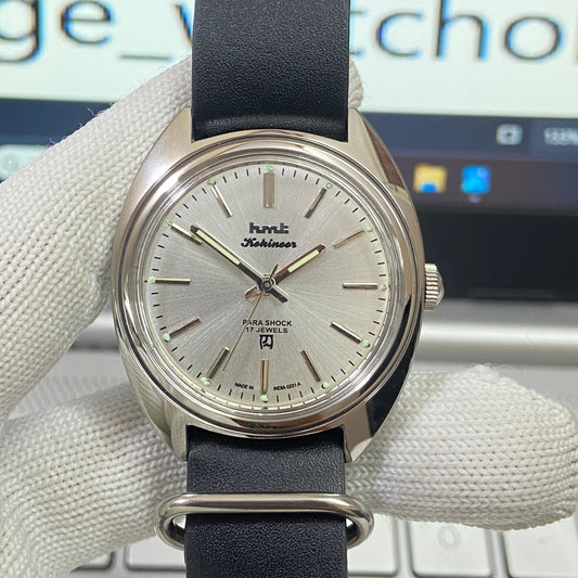 Vintage HMT Kohinoor Hand Winding 17 Jewels Silver Face Black Nato Band Men's Wrist Watch B54