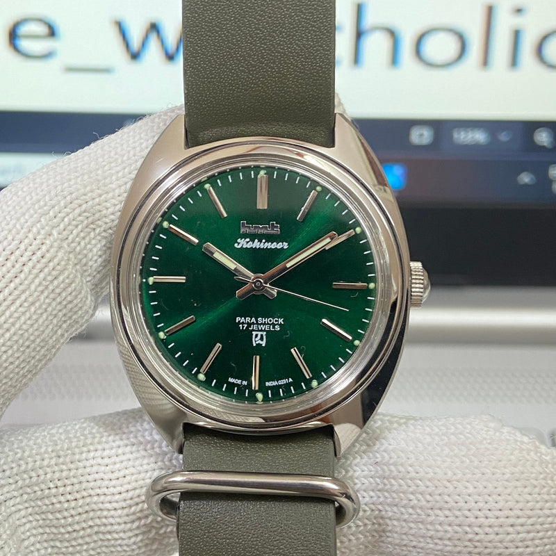 Vintage MOD HMT Kohinoor Hand Winding 17 Jewels Green Face Green Nato Band Men's Wrist Watch B55