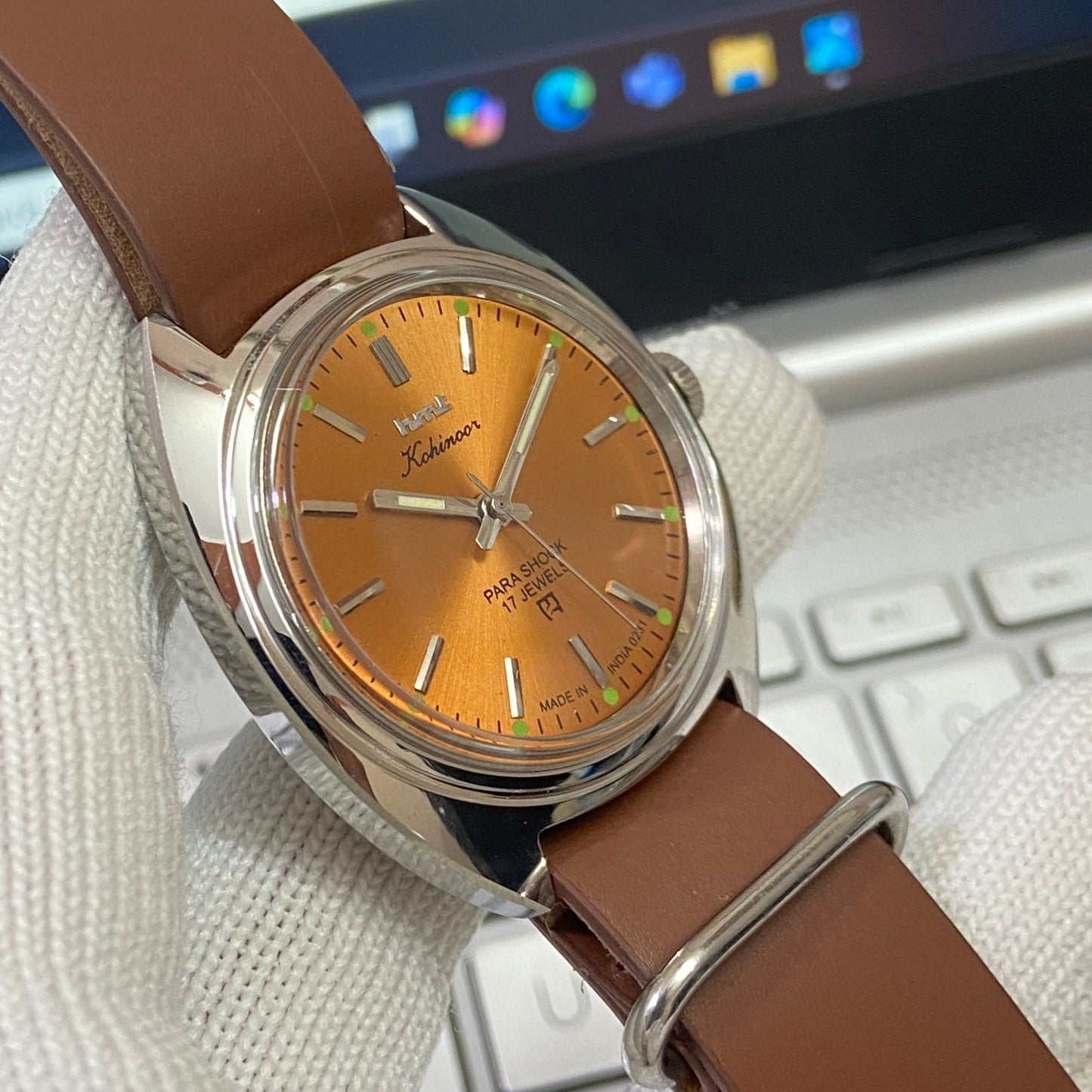 Vintage HMT Kohinoor Hand Winding 17 Jewels Orange Face Brown Nato Band Men's Wrist Watch B57