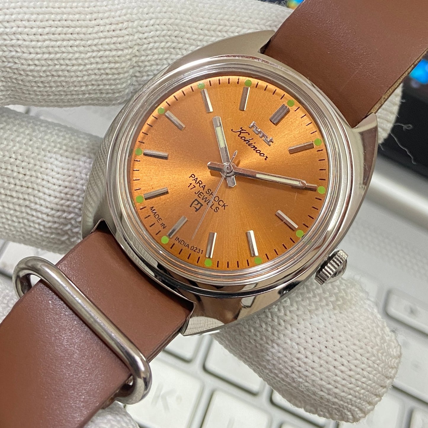 Vintage HMT Kohinoor Hand Winding 17 Jewels Orange Face Brown Nato Band Men's Wrist Watch B57
