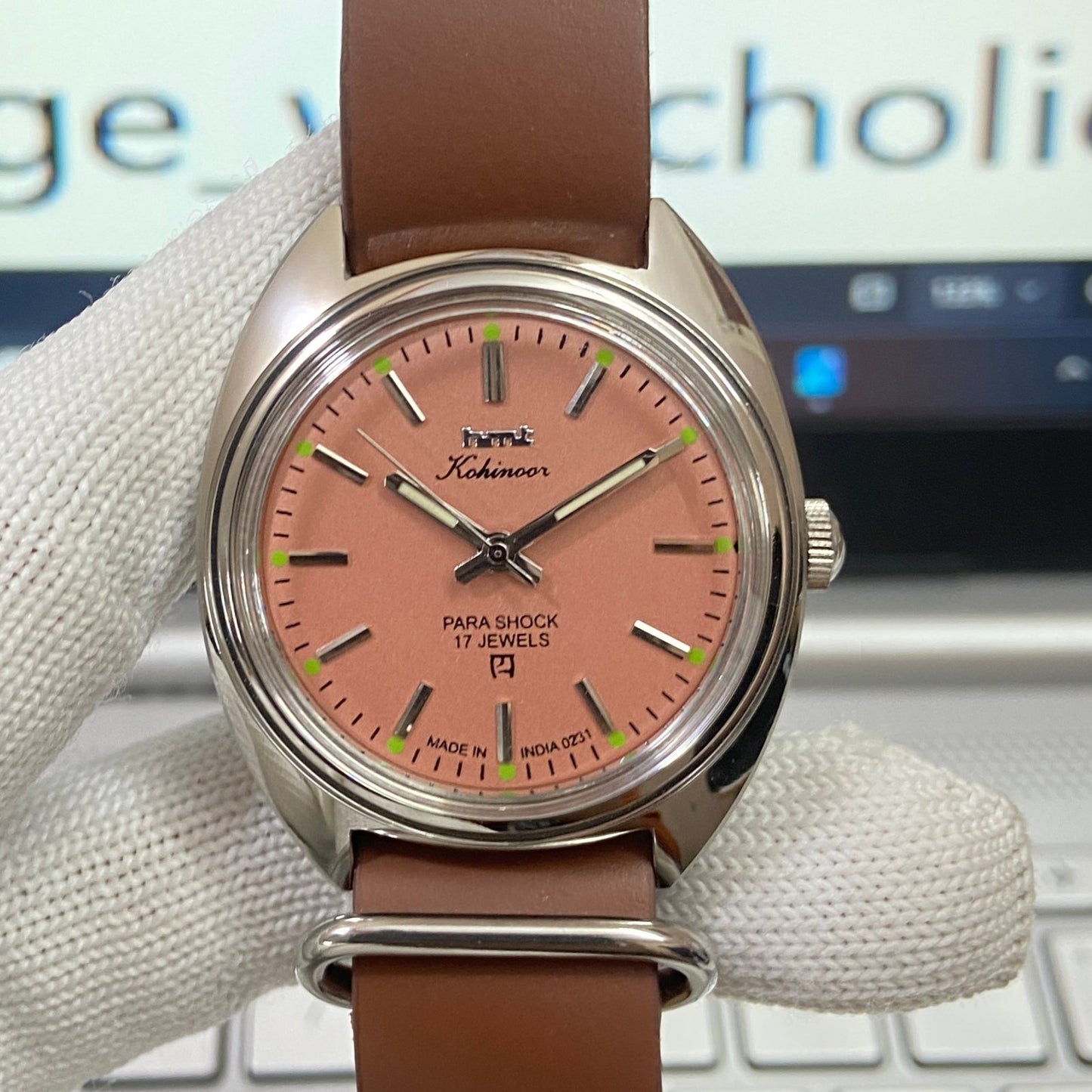 Vintage HMT Kohinoor Hand Winding 17 Jewels Peach Face Brown Nato Band Men's Wrist Watch B58