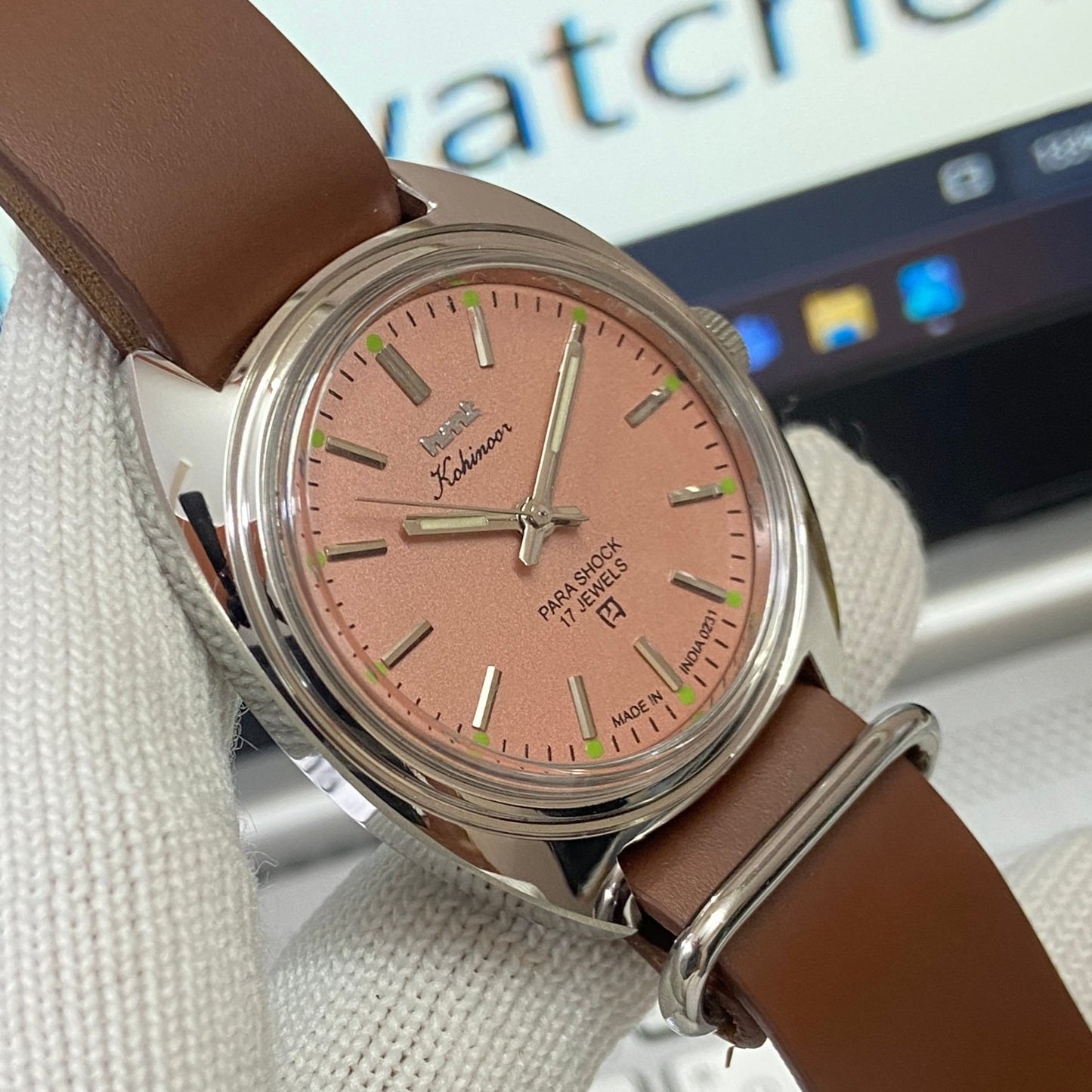 Vintage HMT Kohinoor Hand Winding 17 Jewels Peach Face Brown Nato Band Men's Wrist Watch B58