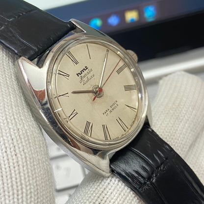 Vintage HMT Janata Hand Winding 17 Jewels White Face Black Band Men's Wrist Watch B60
