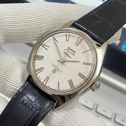Vintage HMT Janata Hand Winding 17 Jewels White Face Black Band Men's Wrist Watch B61