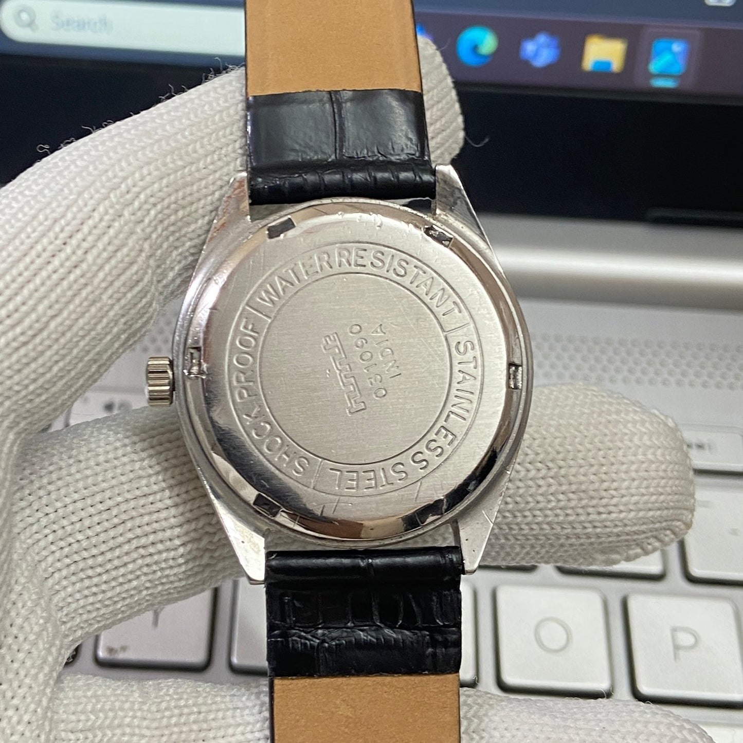 Vintage HMT Janata Hand Winding 17 Jewels White Face Black Band Men's Wrist Watch B61