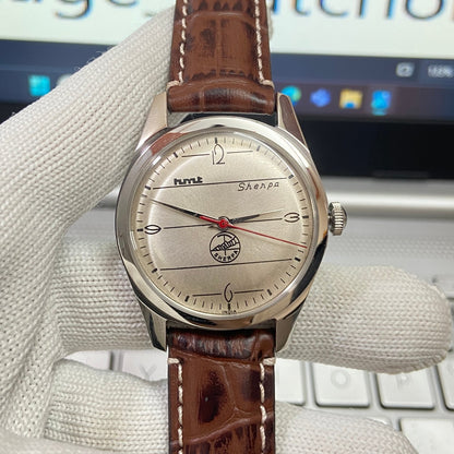 Vintage HMT Sherpa Hand Winding 17 Jewels Silver Face Brown Band Men's Wrist Watch B62