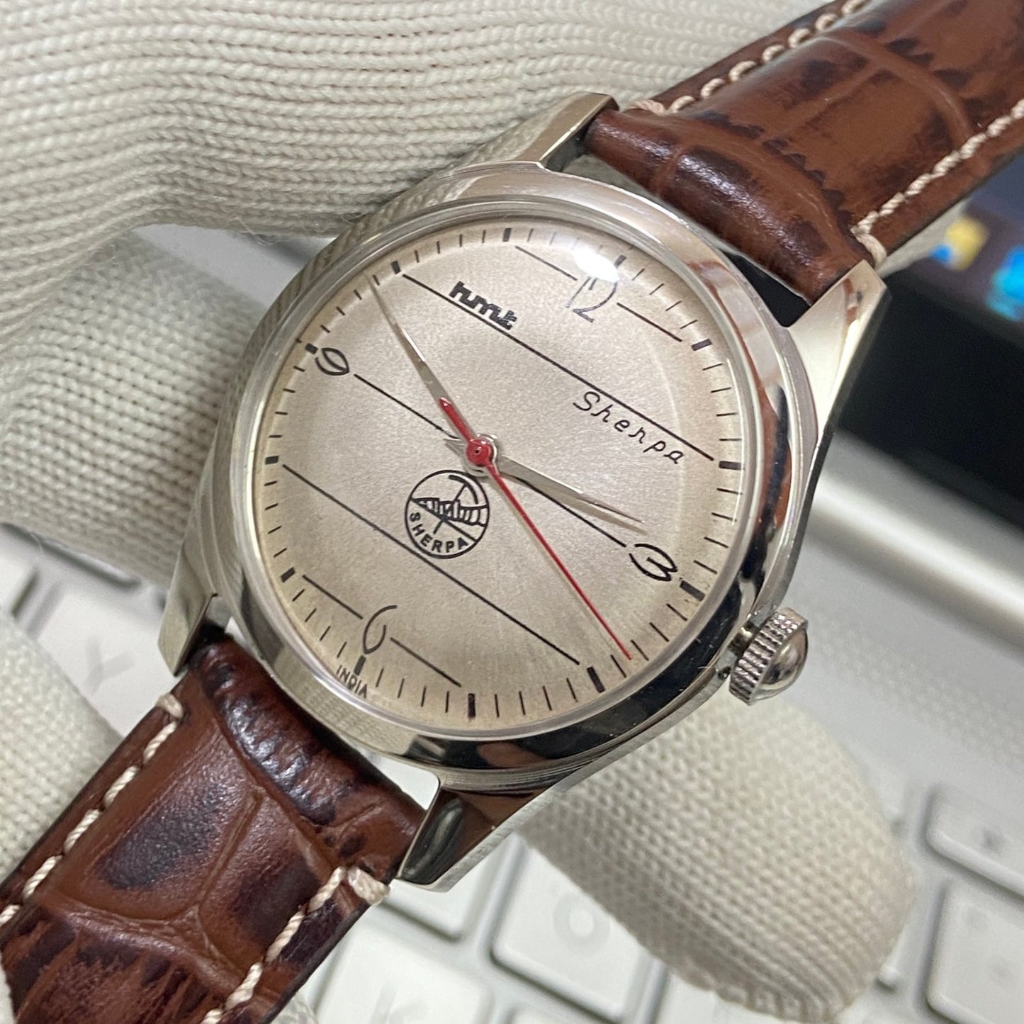 Vintage HMT Sherpa Hand Winding 17 Jewels Silver Face Brown Band Men's Wrist Watch B62