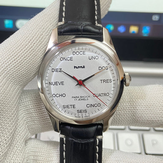 Vintage HMT Spanish Hand Winding 17 Jewels White Face Black Band Men's Wrist Watch B65