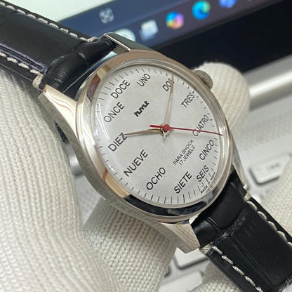 Vintage HMT Spanish Hand Winding 17 Jewels White Face Black Band Men's Wrist Watch B65