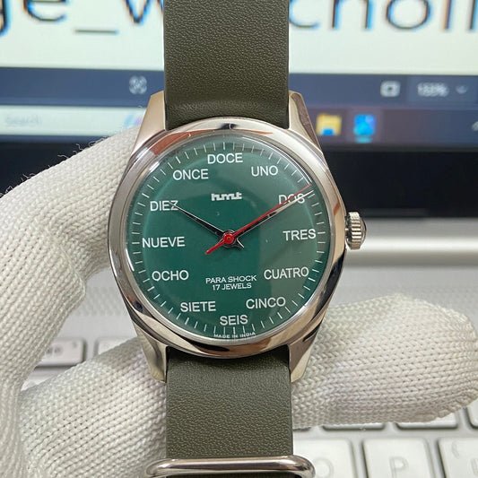 Vintage HMT Spanish Hand Winding 17 Jewels Green Face Green Nato Band Men's Wrist Watch B66