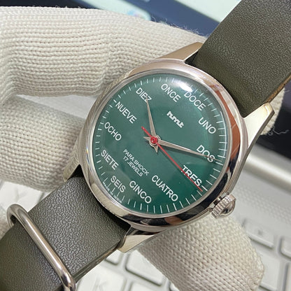 Vintage HMT Spanish Hand Winding 17 Jewels Green Face Green Nato Band Men's Wrist Watch B66