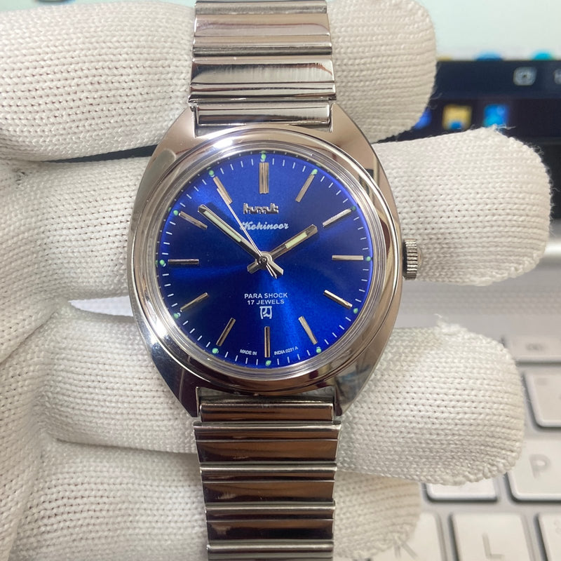 Vintage MOD HMT Kohinoor Hand Winding 17 Jewels Blue Face Men's Wrist Watch B69
