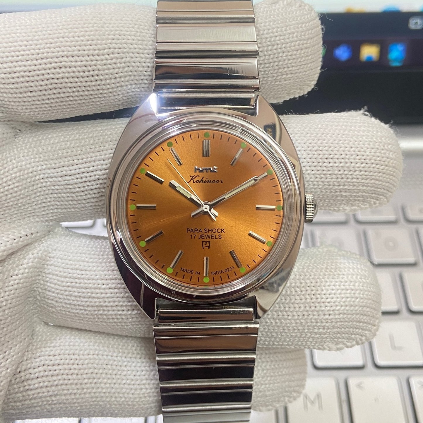 Vintage HMT Kohinoor Hand Winding 17 Jewels Orange Face Men's Wrist Watch B70