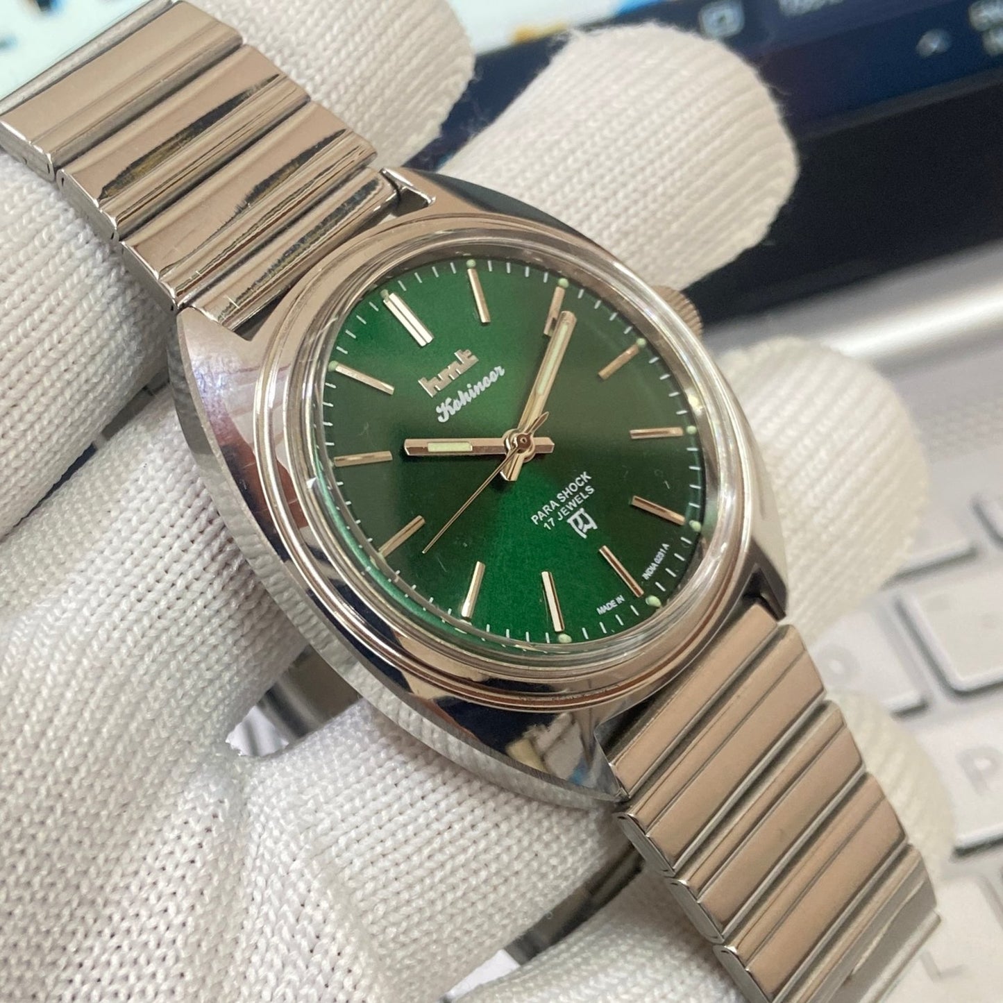 Vintage HMT Kohinoor Hand Winding 17 Jewels Green Face Men's Wrist Watch B73