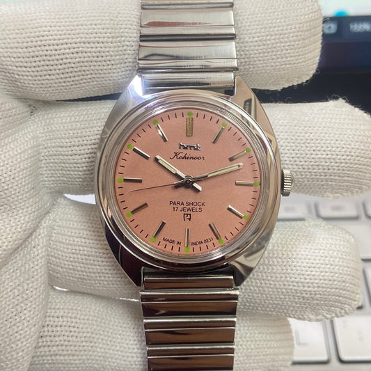Vintage HMT Kohinoor Hand Winding 17 Jewels Peach Face Men's Wrist Watch B74