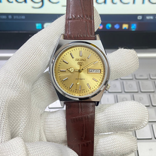 Vintage Seiko 5 Automatic 17 Jewels Cal. 6309 Golden Face Brown Band B80